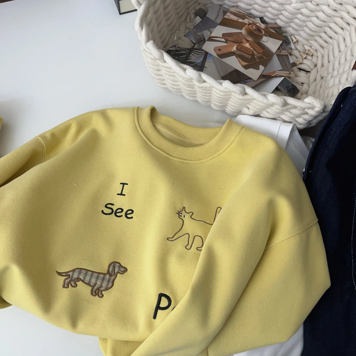 Petite Figure Wearing Lemon Yellow Cartoon Embroidered Crop Sweatshirt