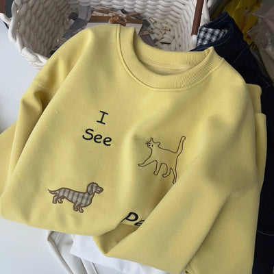 Petite Figure Wearing Lemon Yellow Cartoon Embroidered Crop Sweatshirt