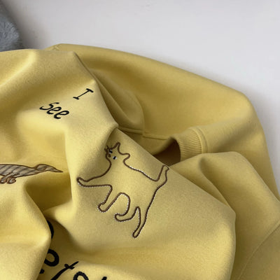 Petite Figure Wearing Lemon Yellow Cartoon Embroidered Crop Sweatshirt